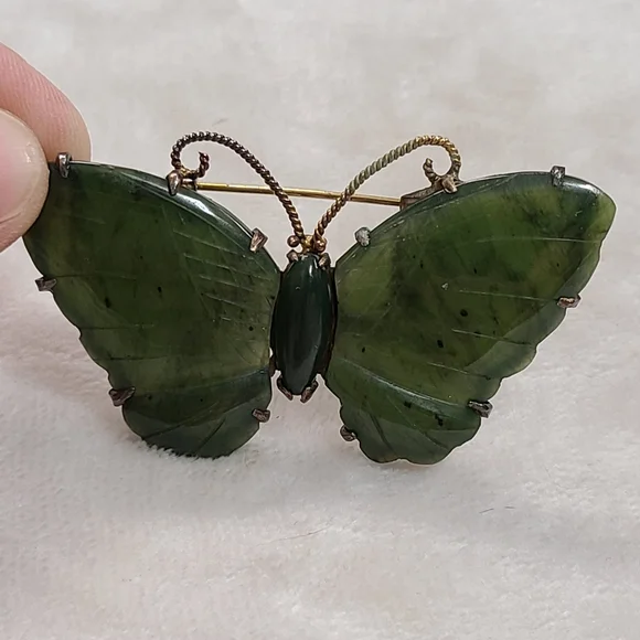 Vintage Carved Jade Butterfly Brooch